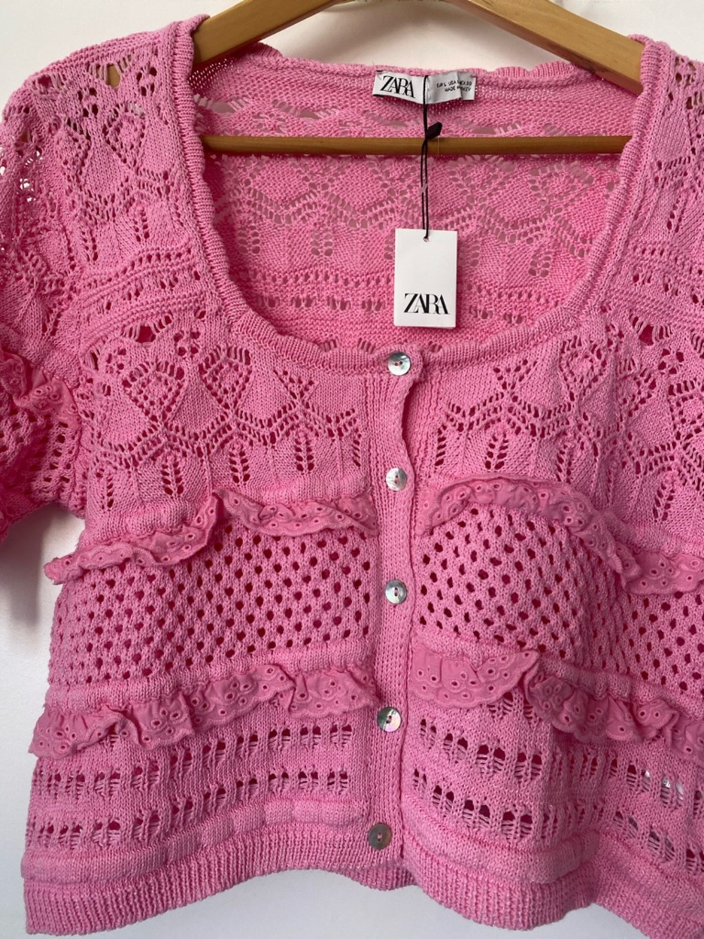 ZARA Pink Crochet Button-Up Short Sleeve Cardigan NWT! 🩷✨ - Picture 3 of 7